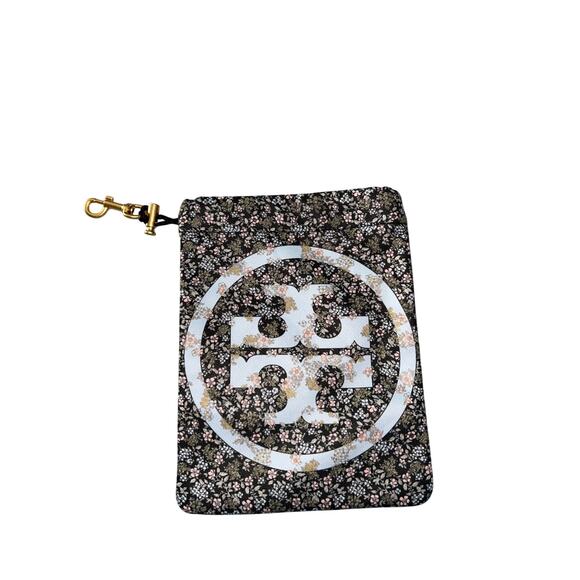 Tory Burch Floral Print Logo Wristlet Pouch Black Multi with Gold Clip - Picture 1 of 5
